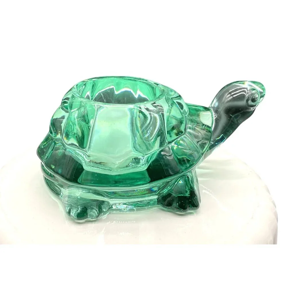 VTG Indiana Glass Spanish Green Turtle Candle Holder Tortoise Paperweight 5.5